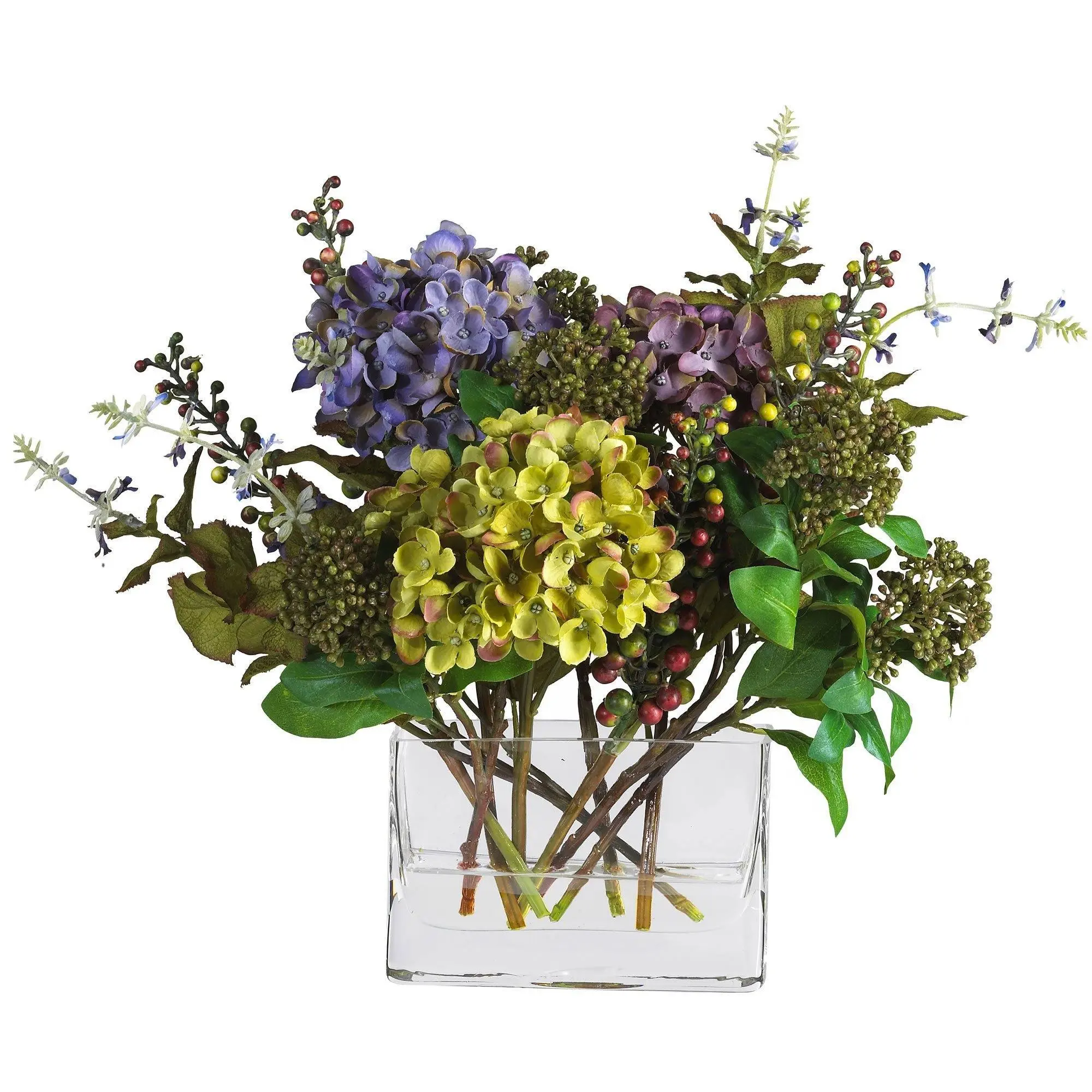 Traditional Artificial Mixed Hydrangea Arrangement with Glass Rectangle Vase, Home Decor for Room Decor