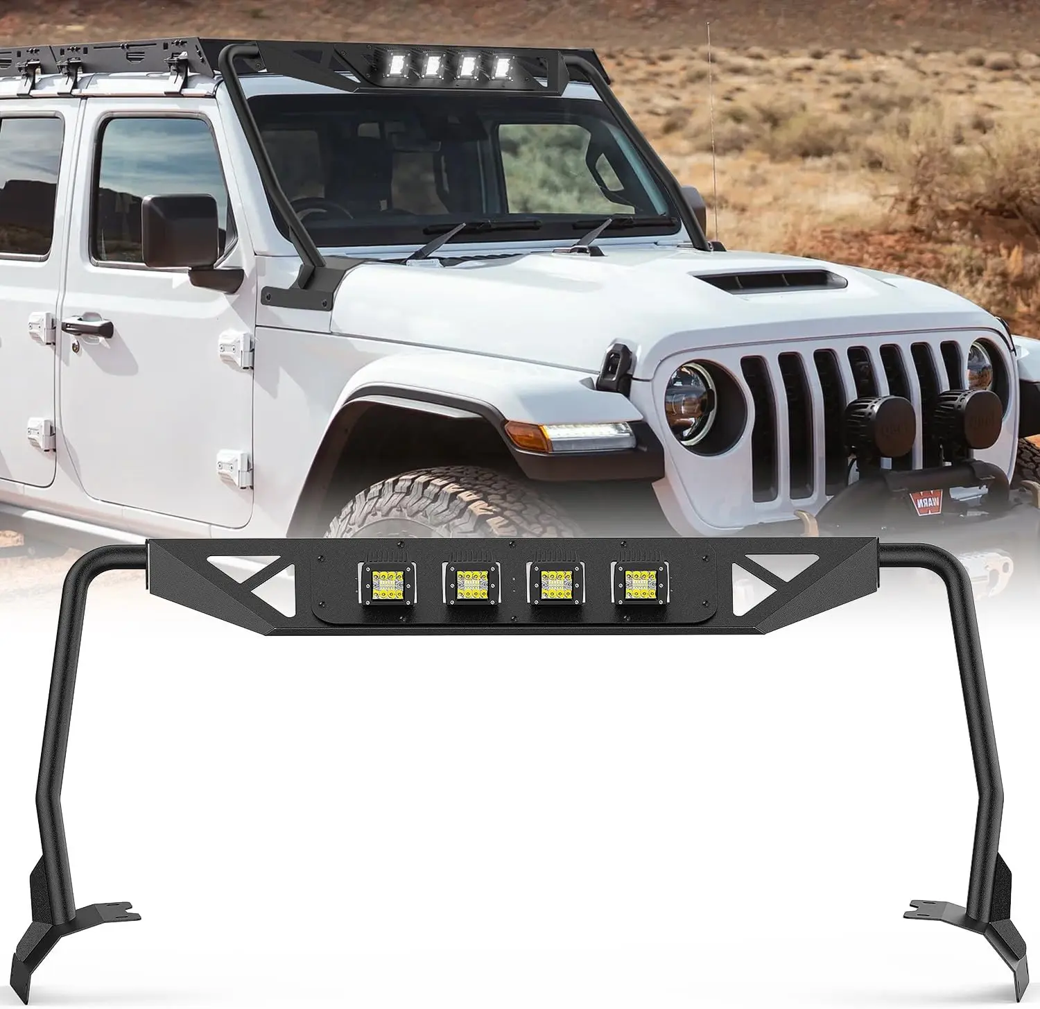 Nilight Carbon Steel Windshield Frame Cover with 4 LED Lights - Easy-Install Roof Sun Visor Cowl Body Armor, Rust-Resistant, Compatible with 2018-2026 Jeep Wrangler JL JLU & Gladiator JT (Excludes JL 4xe & JT Mojave), Sturdy