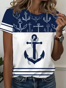 Women's Anchor Print Striped Crew Neck Tee, Casual Short Sleeve T-shirt for Daily Wear, Ladies Clothes for All Seasons, Top, Womenswear