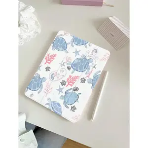 1pc Cute Blue Sea Turtle Patterned Silicone Protective Case With Pen Holder, Supports Sleep/Wake Function, Compatible With Huawei, Xiaomi, IPad, Samsung Tablets