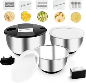 Mixing Bowls with Lids Set,Pack of 3 Stainless Steel Nesting Bowls with Grater Airtight Lids Non-Slip Bottoms for Slicing,Shredding,Grating,Mixing,Cooking,Baking(Black) weltonhm