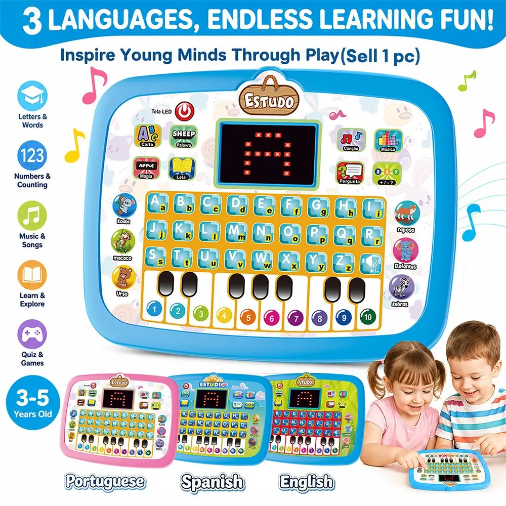 English/Spanish/Portuguese Interactive Digital Learning Tablet for Kids 3-5, Educational Toys Learn Alphabet, Number, Music & Words, Birthday Gift Toy