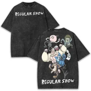 REGULAR SHOW 260GSM Oversized Graphic Tee with Double-Sided Trippy Cartoon Print – Washed Vintage T-Shirt for Fans of Surreal Humor, Retro Vibes, and Cotton Menswear