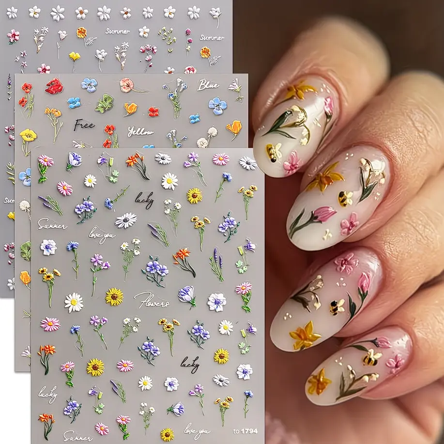 3pcs summer small wild flowers and plants relief nail art stickers, summer flowers relief nail art decals, 5D glue back nail art self-adhesive decoration accessories, suitable for acrylic nails, meniscus and girls nail art supplies, gifts, Y2K, DIY