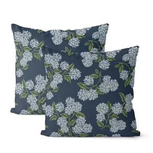 2 Pieces Navy Blue Spring Pillowcase, Teal Hydrangea Decorative Pillow, Retro Floral Summer Seasonal Outdoor Decorative Pillowcase, Linen Polyester Sofa Cushion Cover
