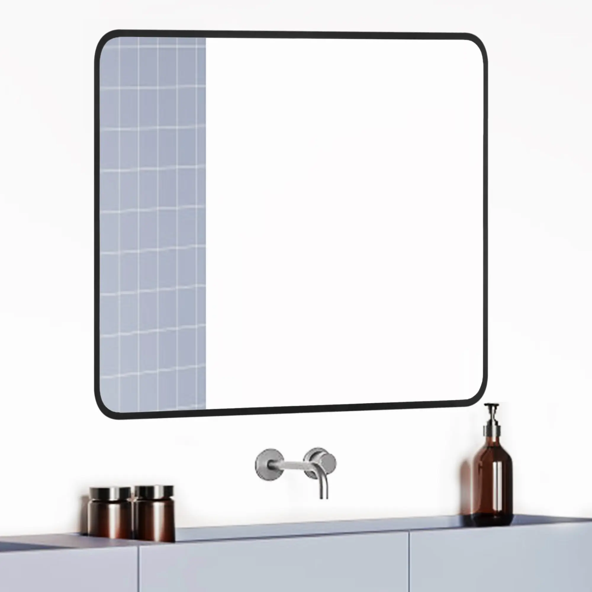 30" Black Framed Bathroom Mirror – Modern Square Vanity Mirror with Beveled Edge