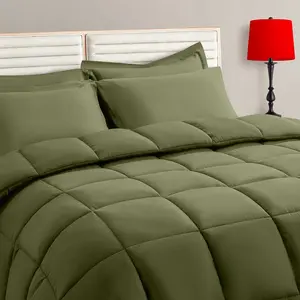 Olive Green King Comforter - 7, a Bag Sets with Quilted Warm Fluffy Comforter,Flat Sheet,Sheet,2 Pillow Shams,2 Pillowcases