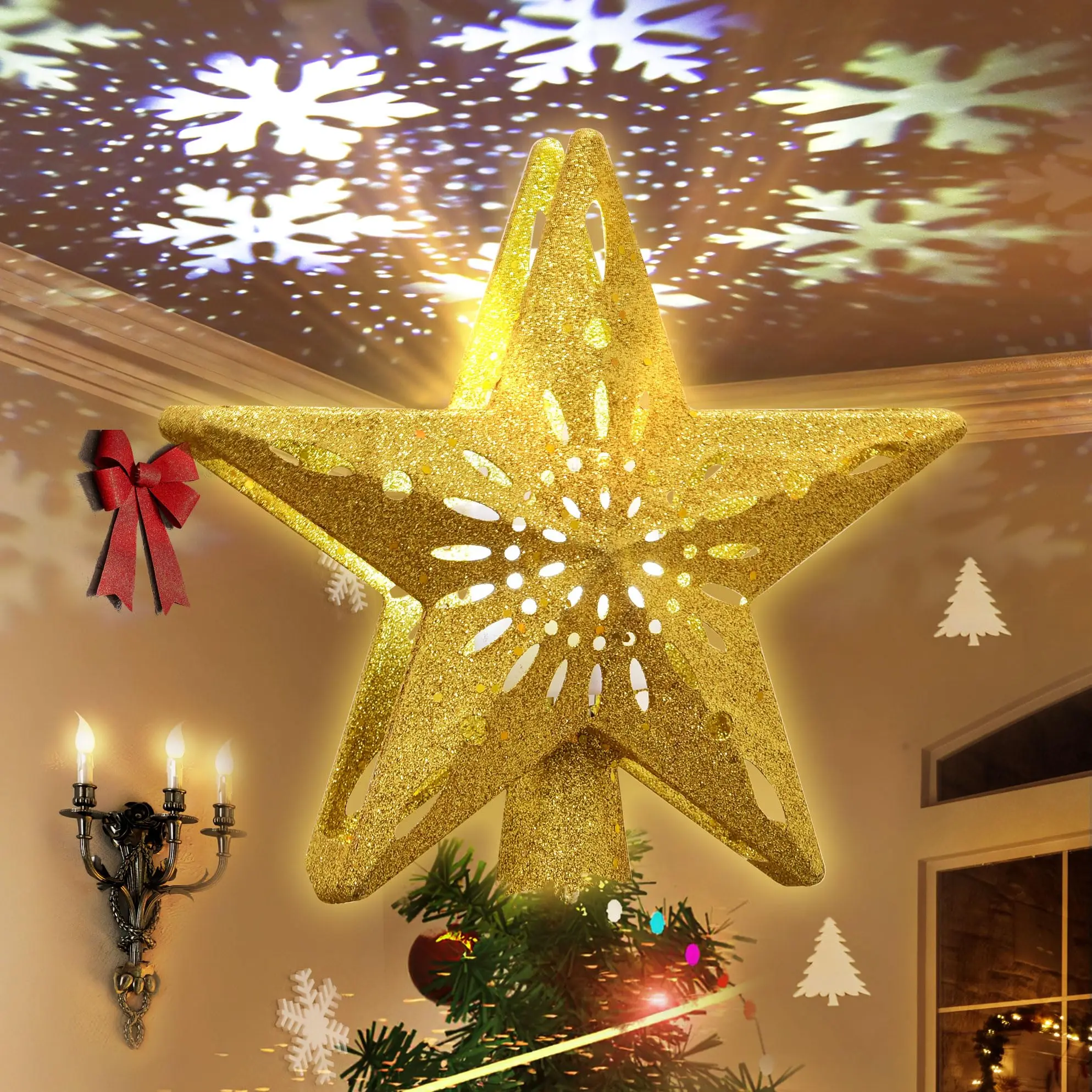 Presence 10'' Christmas Tree Topper Projector, LED Star Tree Topper Lighted, 3D Projector with Rotating White Snowflake, Glitter Gold Star Tree Topper Christmas Tree Decoration Home Decor Xmas Gift