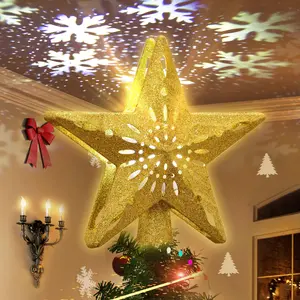 Presence 10'' Christmas Tree Topper Projector, LED Star Tree Topper Lighted, 3D Projector with Rotating White Snowflake, Glitter Gold Star Tree Topper Christmas Tree Decoration Home Decor Xmas Gift