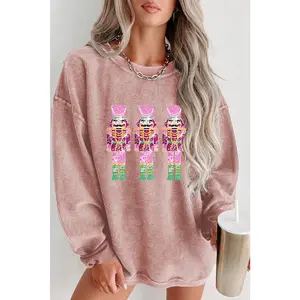 Pink Nutcracker Graphic Sequins Patch Mineral Wash Corded Sweatshirt