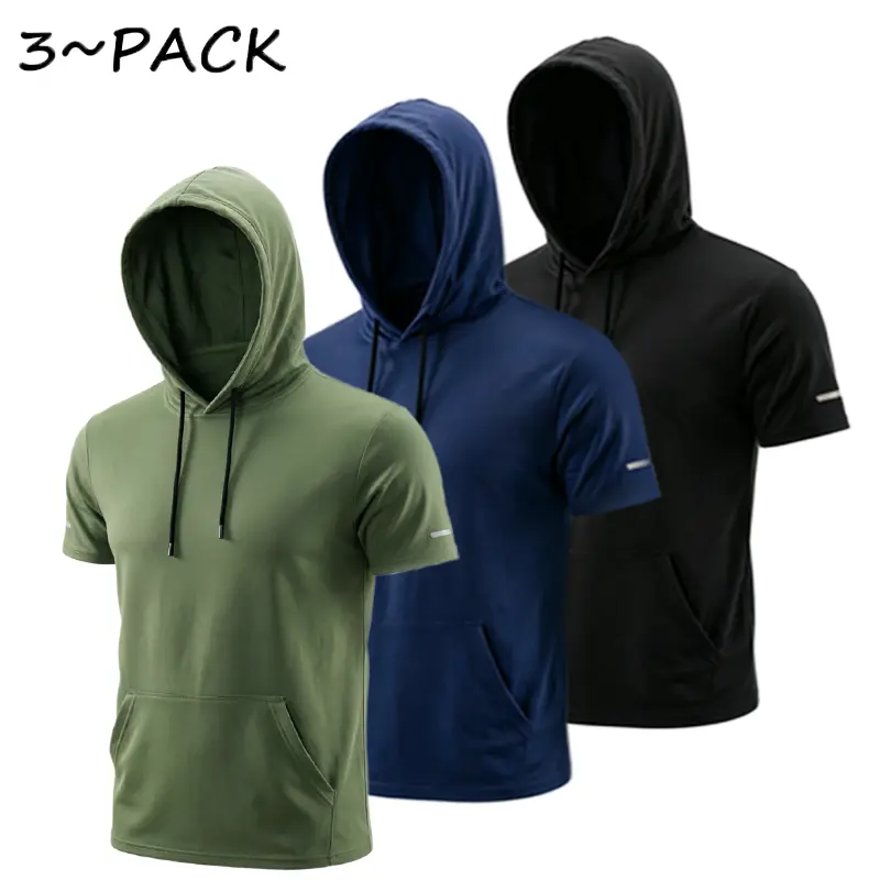 Men's 3-Pack Activewear Gym Fitness Clothes - Quick-Dry, Moisture-Wicking, Short-Sleeve Mesh Hooded T-Shirts