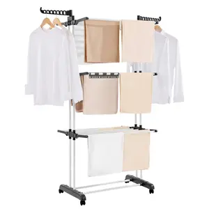 Clothes Drying Rack, 4-Tier Foldable Laundry Dryer Rack, Metal Drying Racks with 24 Drying Rods, Free-Standing and Portable Hanger with 4 Castors and Two Side Wings for Outdoor & Indoor Use