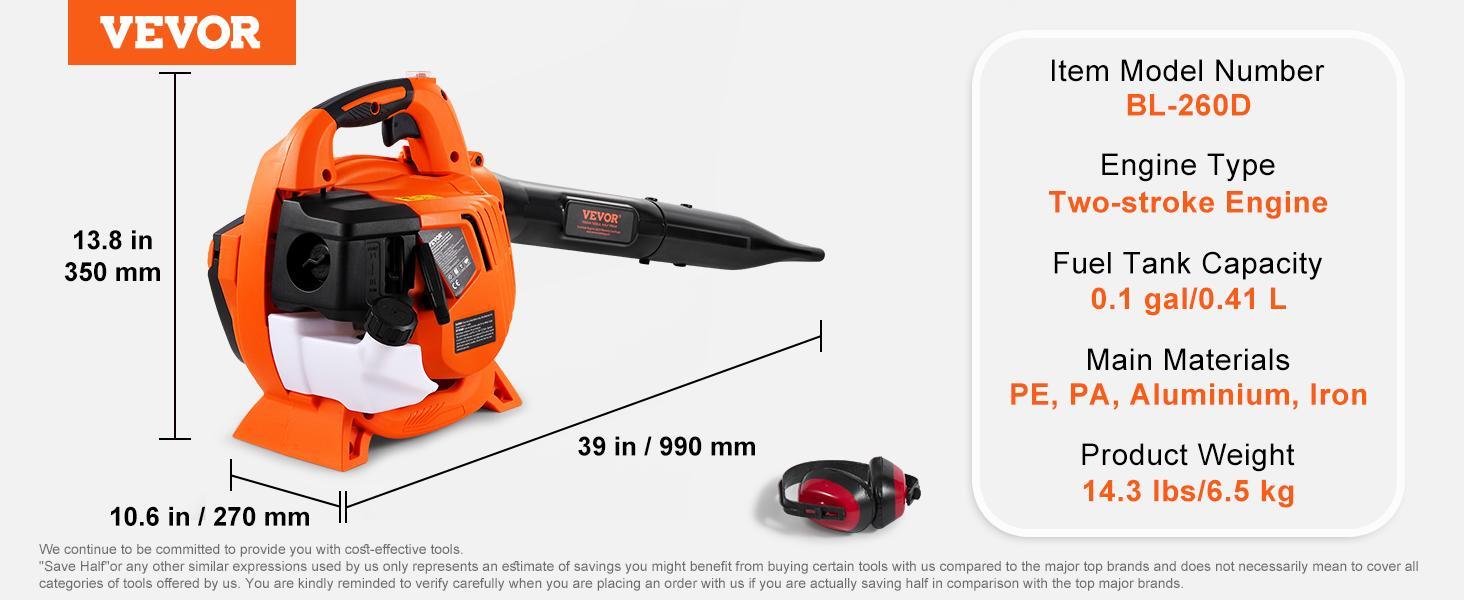 VEVOR Backpack Leaf Blower, TikTokShopBlackFriday, 52CC 2-Cycle Leaf Blower with 1.37L Fuel Tank, 480CFM Air Volume 175MPH Speed, Ideal for Lawn Care, Leaf Cleaning, and Snow Removal