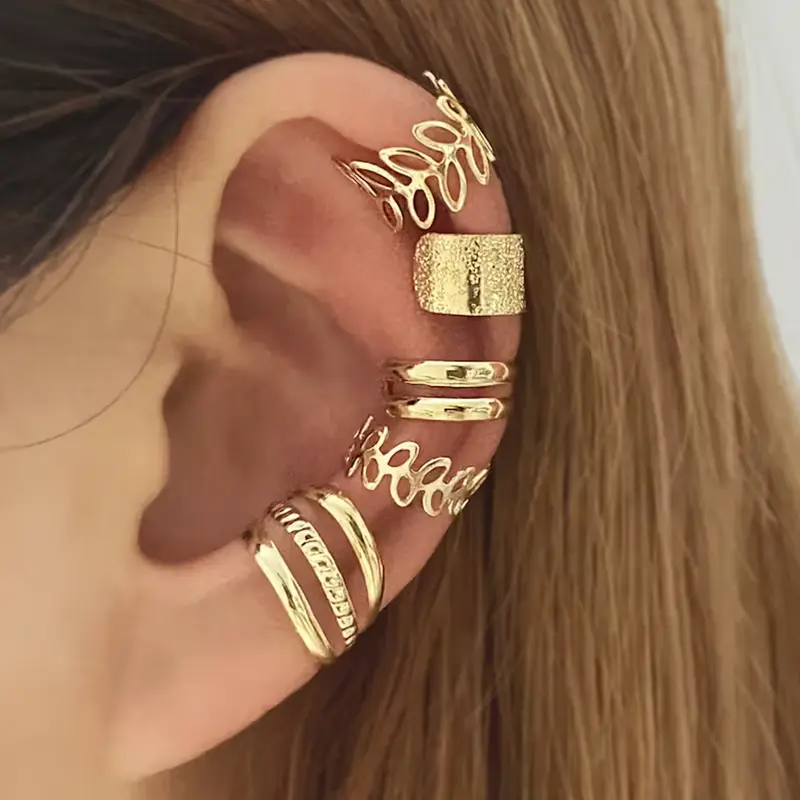 Women's 5pcs Gold-Tone Alloy Earrings Jewelry Set - Leaf & Wrap-Style Clip-On Earrings, Adjustable Non-Pierced Mini Cartilage Cuff Spring Clip Accessories for Adult Females, Ideal for Ear Stacking Bohemian Earrings