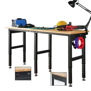 Amerlife 72x24 In Adjustable Workbench with Power Outlets, Rubber Wood Top Heavy Duty Workbench with Hooks for hanging, Max 5000 LBs  Workbench for Garage Woodworking and Cutting, Workshop, Home, Office