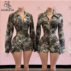Sexy Camouflage Print Shorts Jumpsuit Women Long-Sleeved Zipper Slim Fit Pockets