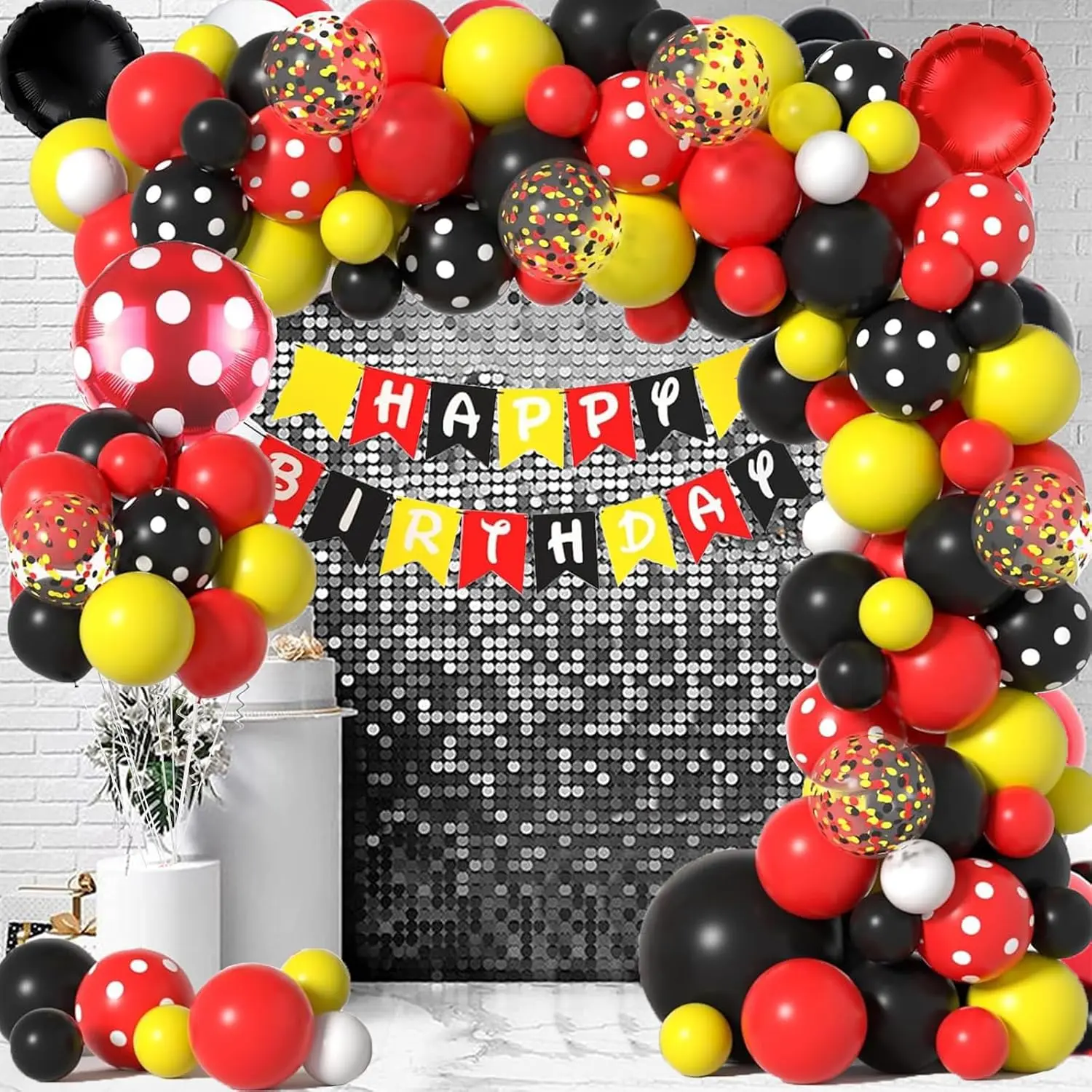 Happy Birthday Balloon Arch with Red Yellow Black Polka Dot Balloons and Confetti for Party Decorations