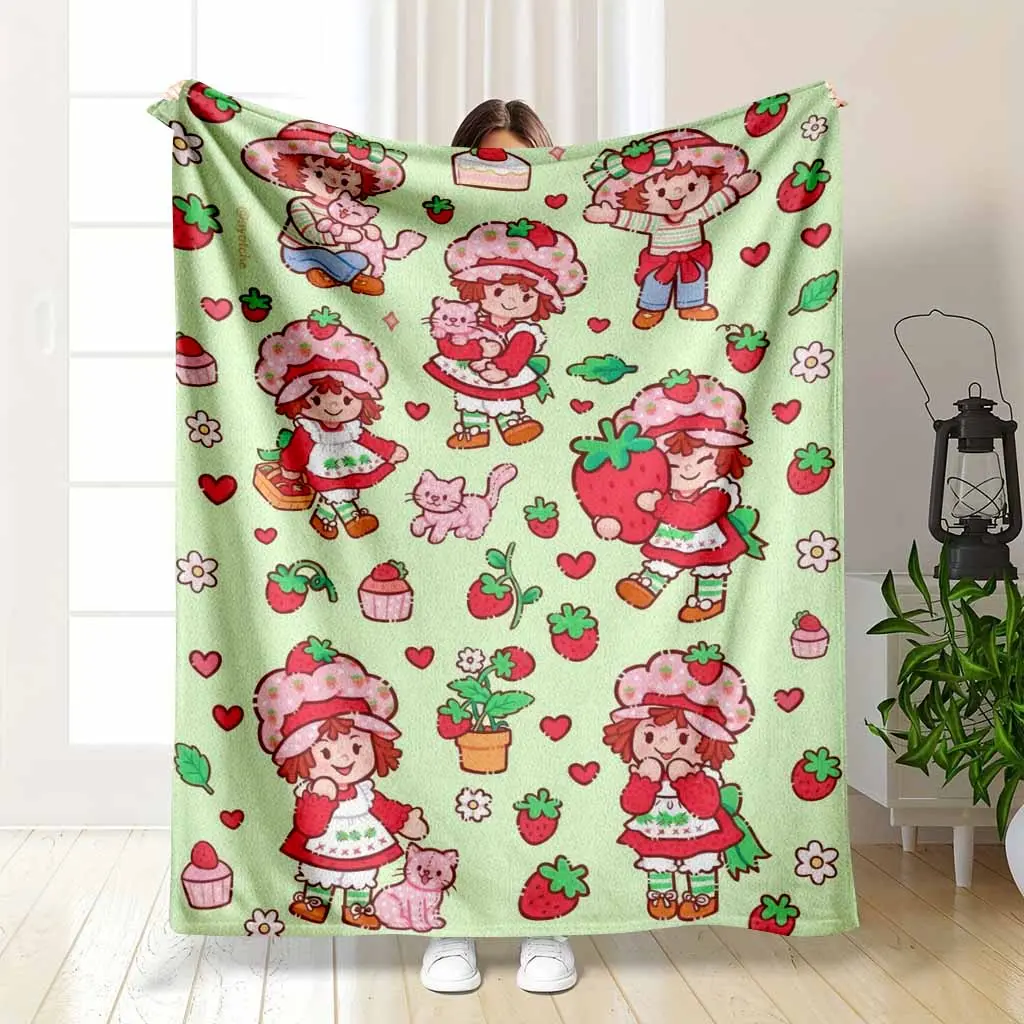 Vintage Plush Strawberry Cartoon Flannel Blanket Cute Retro Girl Berry Print Ultra Soft Breathable Fabric Throw for Bed Sofa Decor Cartoon Scene Graphic Character Fabric Soft Blankets
