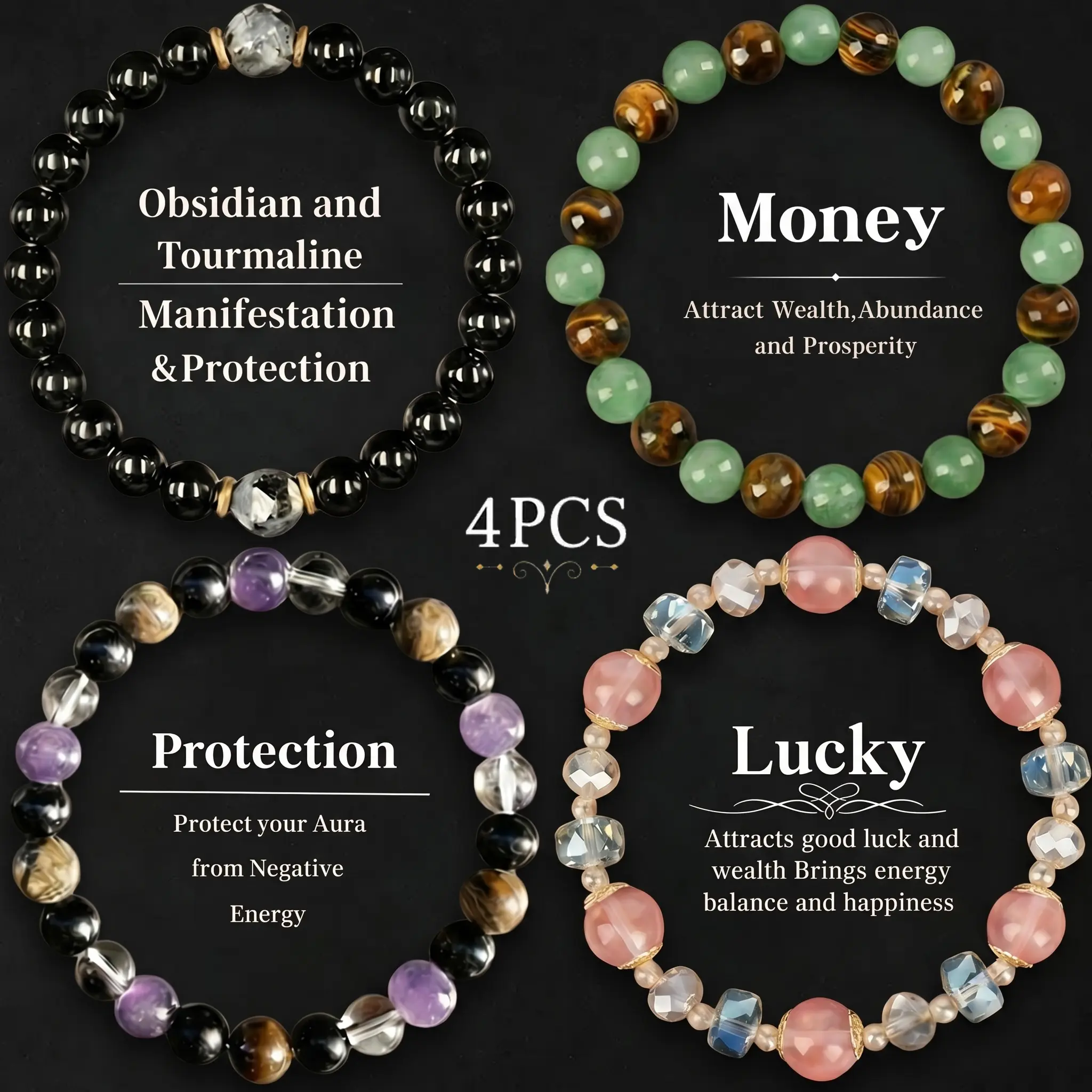 4 Pcs Exquisite Bohemian Beaded Bracelet - Tiger Eye, Obsidian, Jewelry for Banquet Party, Encouragement Gift for Her couple bracelet fashion artificial bracelet daily wear party elegant Colorblock Beaded Bracelets for Women and Men