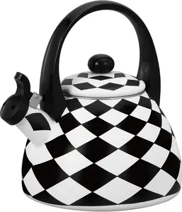 Whistling Tea Kettle for Stove Top Enamel on Steel Teakettle Supreme Housewares Harlequin Pattern Tea Kettle Cute Kitchen Accessories Teteras 2.4 Quart Black and White Diamond Check Traditional