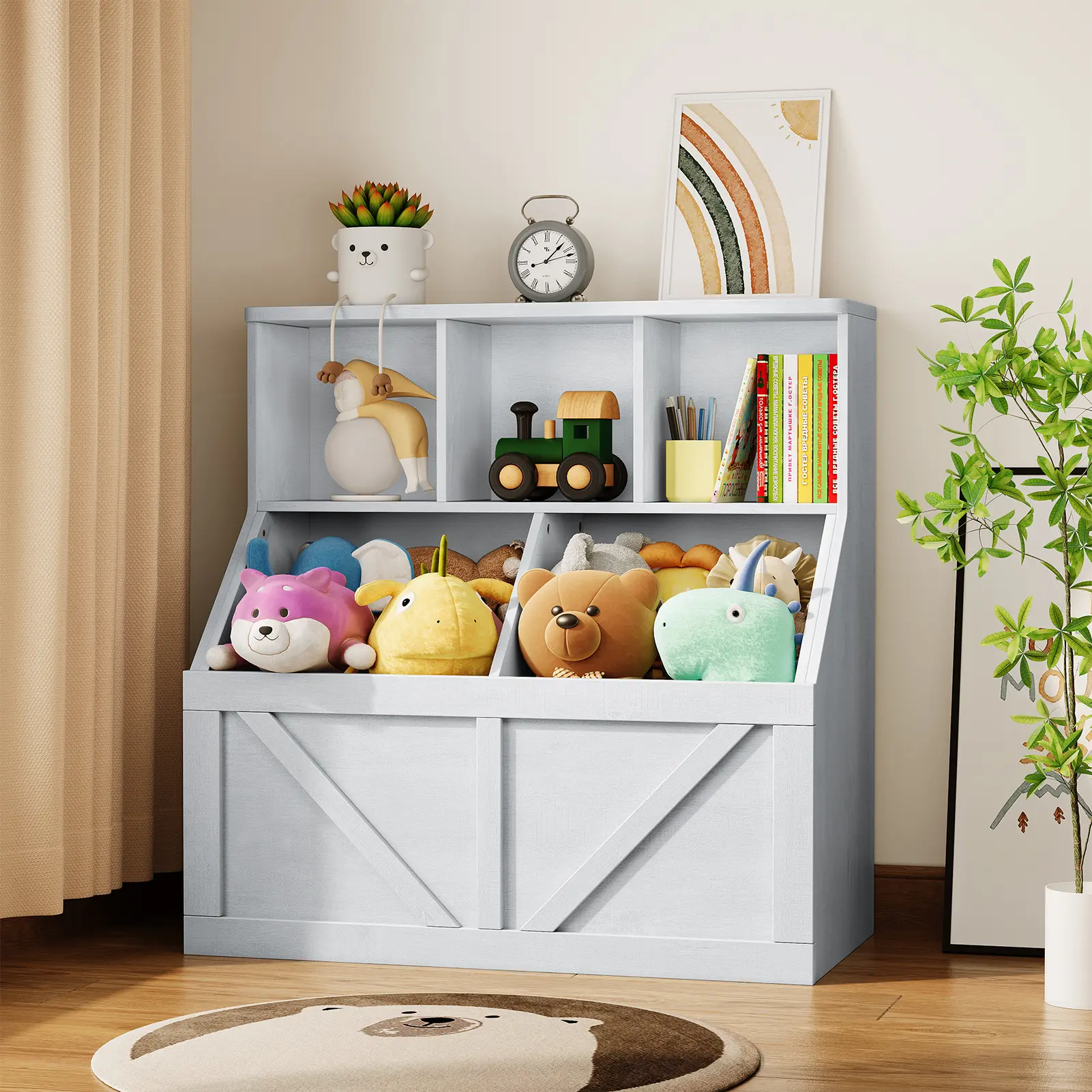 Multi-Functional Kids Bookshelf & Toy Organizer, Safe Stable Storage Cabinet with Large Storage Bins and Step Shelves, Easy Assembly Toddler Furniture, Perfect for Playroom Bedroom Nursery, Washed Grey