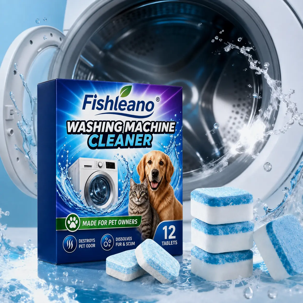 12 Pack Washing Machine Cleaner Tablets, Deep Cleaning Descaler & Deodorizer for Neutralizing Cat & Dog Odors, Eco-Friendly Safe Formula, Removes Dirt, Odor & Buildup from Washer Drum, Laundry Tub & Seal, Heavy Duty Cleaning Solution