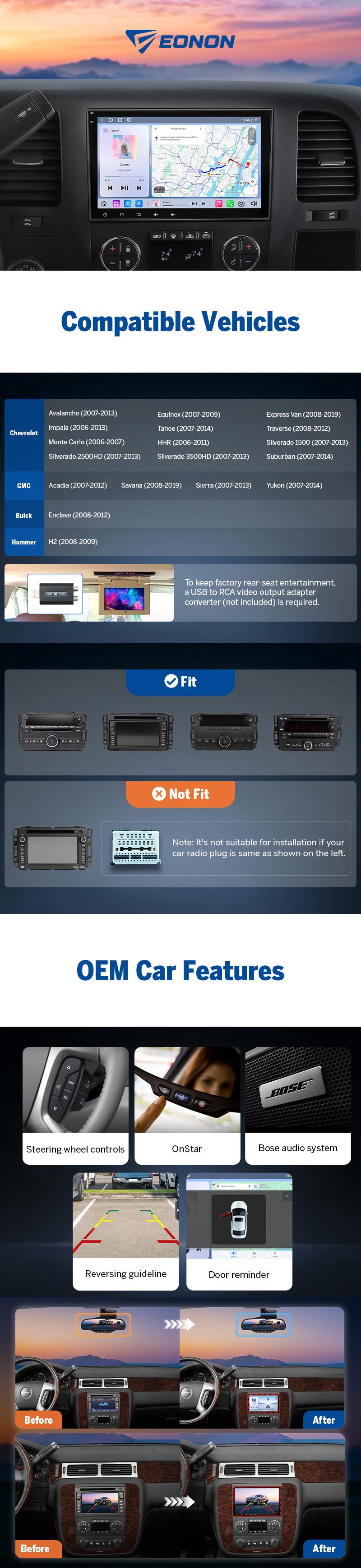 EONON Car Stereo for Chevy GMC Buick Chevrolet Silverado Sierra Suburban Tahoe Impala Traverse Avalanche HHR Acadia Yukon Truck, Wireless CarPlay & Android Auto, 8" Android 13/14 Touch Screen, Dashcam, backup camera, SWC, BT - GMX7A, GMX6S