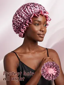 Printed Leopard Print Satin Sleep Cap, Two-Layer Design for Curly & Straight Hair, Comfortable Nightcap for Women, Hair Wrap Cap