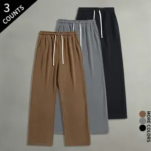 3-pack men’s loose wide-leg athletic pants, casual drawstring relaxed-fit long pants suitable for everyday wear, fitness, streetwear, running, hip-hop style, solid color design, comfortable elastic waistband