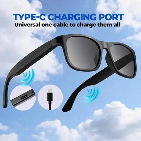 Unisex Adults Modern Wearable Smart Audio Sunglasses, Type-C Port, UV400 Protection, Open-Ear Bluetooth, Hands-Free Calling, Voice Assistant, 8H Playtime, Durable Batteries, for Commuting, Cycling, Driving