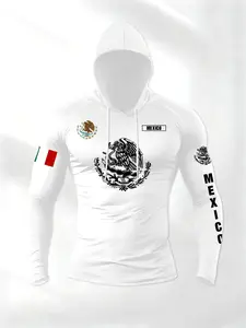 Men's Hooded Long Sleeve T-Shirt, Mexican Theme Letter Print Design, Durable Breathable Fabric, Sporty Casual Wear for All Seasons, Athletic Letter Print