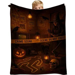 Halloween Blanket 60"X50" Flannel Fleece Throw - Witchy Halloween Decor, True Crime Watching Blanket, Gothic Spooky Decor, Creepy Crime Scene  for  Movie Fans, Women & Men