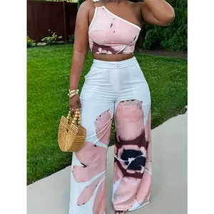 Casual floral print one-shoulder sleeveless pullover and wide-leg pants vacation two-piece trouser set