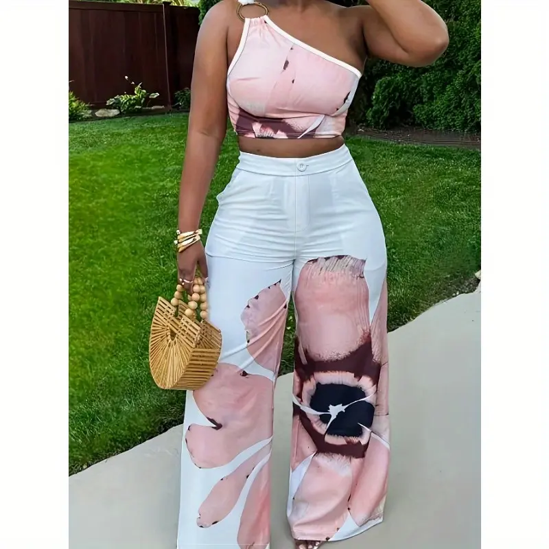 Casual floral print one-shoulder sleeveless pullover and wide-leg pants vacation two-piece trouser set