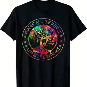 Mens Hippie TieDye TShirt Featuring All The People Imagine Living Life In Peace Graphic Colorful Tree And Stars Design Casual Round Neck Machine Washable Suitable For All Seasons Hippie Apparel
