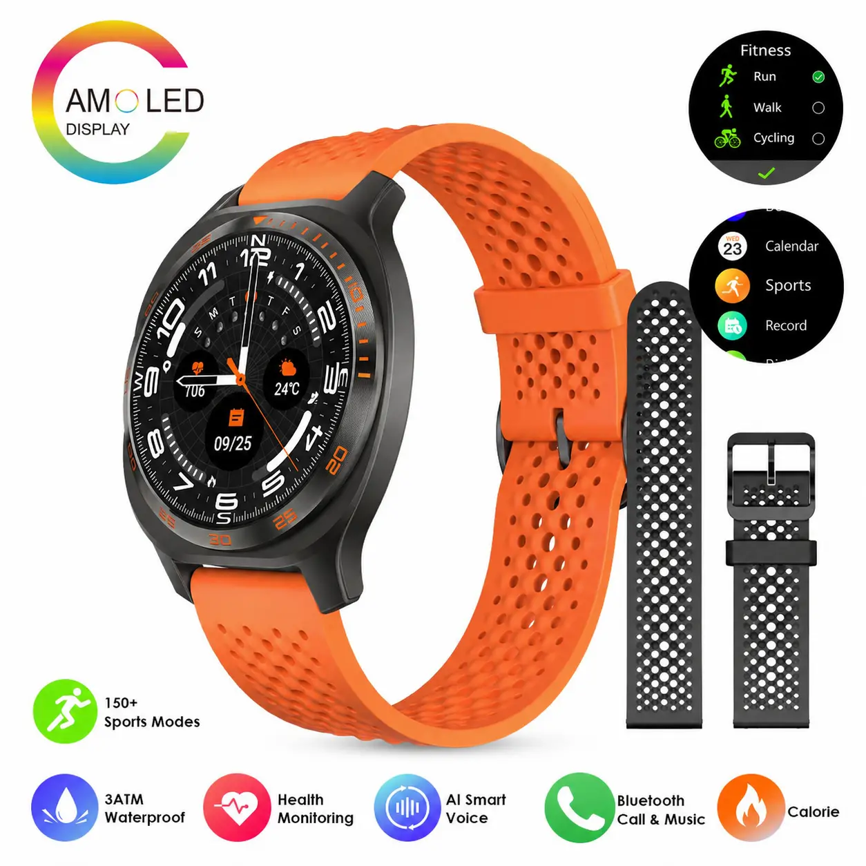PINTEEK AM32 Rugged Smartwatch - 1.43-Inch AMOLED HD Display, 3ATM Water-Resistant, Bluetooth Connectivity, Heart Rate Monitoring, Multiple Sports Modes, Stylish Versatile Design, iOS & Android Compatible, ChatGPT Supported