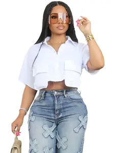 Women's Plain Flap Pocket Button Front Crop Shirt, Casual Fashion Shirt, Casual Short Sleeve Collared Top for Daily Wear, Ladies Clothes for All Seasons