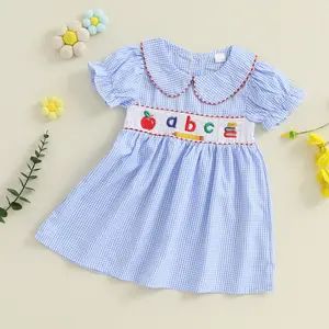 Toddler Baby Girl Back to School Outfit First Day of School ABC Short Sleeve Dress Plaid Collared Princess Dresses