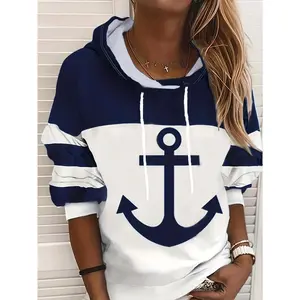 Drawstring hoodie, casual color blocked long sleeved sweatshirt, women's clothing