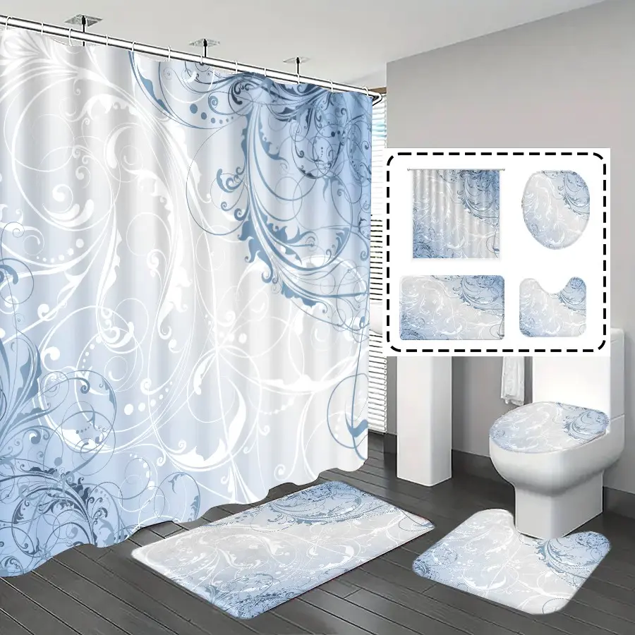 [Popular Choice]1pc/4pcs, bathroom curtains shower, bathroom set, shower curtains, bathroom decor,bathroom rug, Home Decoration, bathroom mat, Flower Pattern, Nature, Simple Theme Decoration, Bathroom Set, with 12 hooks, Shower Curtain Sets