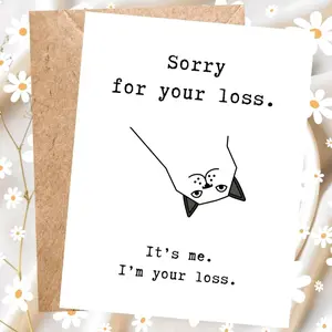Whimsical Greeting Card - Funny Cat Themed Sorry For Your Loss Card, Snarky Farewell Office Stationery, Whimsical Greeting Cards