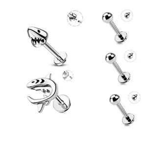Oufer 16G 5PCS Shark Labret Ring Flat Back Studs Set 316L Stainless Steel Bar Length 8mm