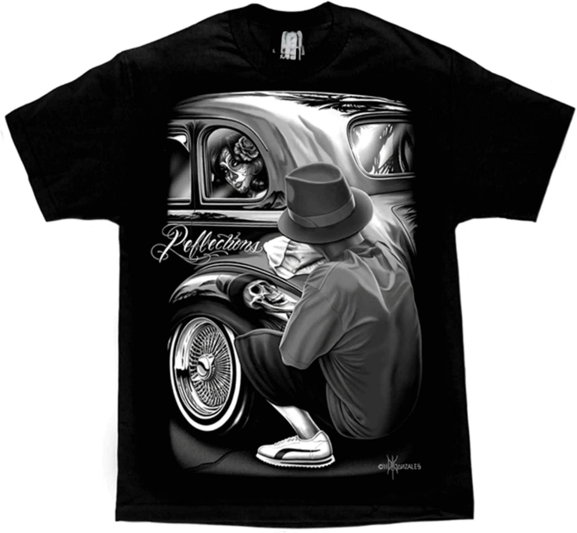 David Gonzales Men's Reflections Lowrider Skull Chicano DGA Art T-Shirt Sweatshirt, Unisex Crewneck Sweatshirts & TShirts