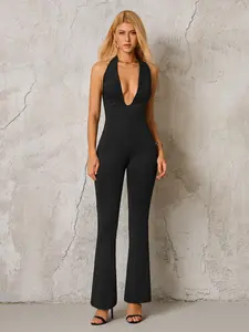 Halter Deep V-neck Backless Ruched Waist Playsuit，Simple and Stylish Family Work Party Playsuit
