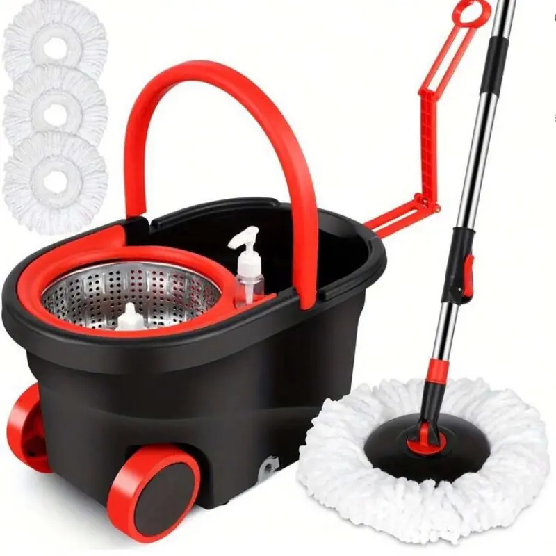 360° Spin Mop and Bucket Set with Dual-drive Wringing System, 3 Ultra-Fine Fiber Replacement Heads, Ideal for Bathroom Hardwood Tile Marble Floor Cleaning