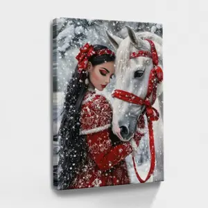 Red Mexican Christmas Decorations, Beauty And Horse Woman, Horse, Snowy Scene - Modern, Painting, Detailed, Artistic Style, Wall Decor Poster for Room, Wood Framed Canvas Painting Photo Ornaments Artist Gifts 1pc Artwork 08X12X0.8Inch