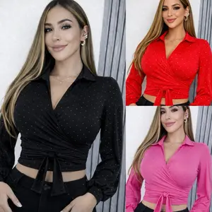 M10-18 Pink Sheer Rhinestone Knot Front Blouse – Elegant V-Neck Statement Top