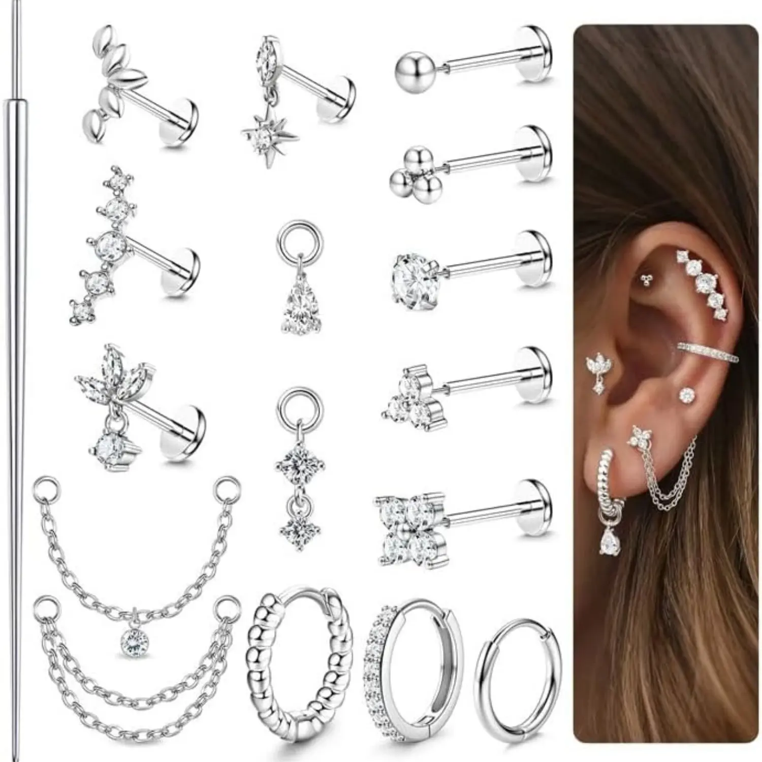 Milacolato Piercing Jewelry Set for Female, 16G-20G 316L Surgical Steel Threadless Flat Back Studs & Hoops, Hypoallergenic CZ Nose Ring for Tragus Helix Labret, Mother's Day Gift