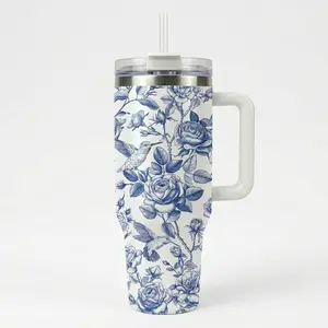 Elegant Blue Floral & Bird 40oz Tumbler with Handle, Chinoiserie Aesthetic Insulated Water Bottle,Luxury Birthday Gift for Mom Her, Vintage Garden Style Travel Mug