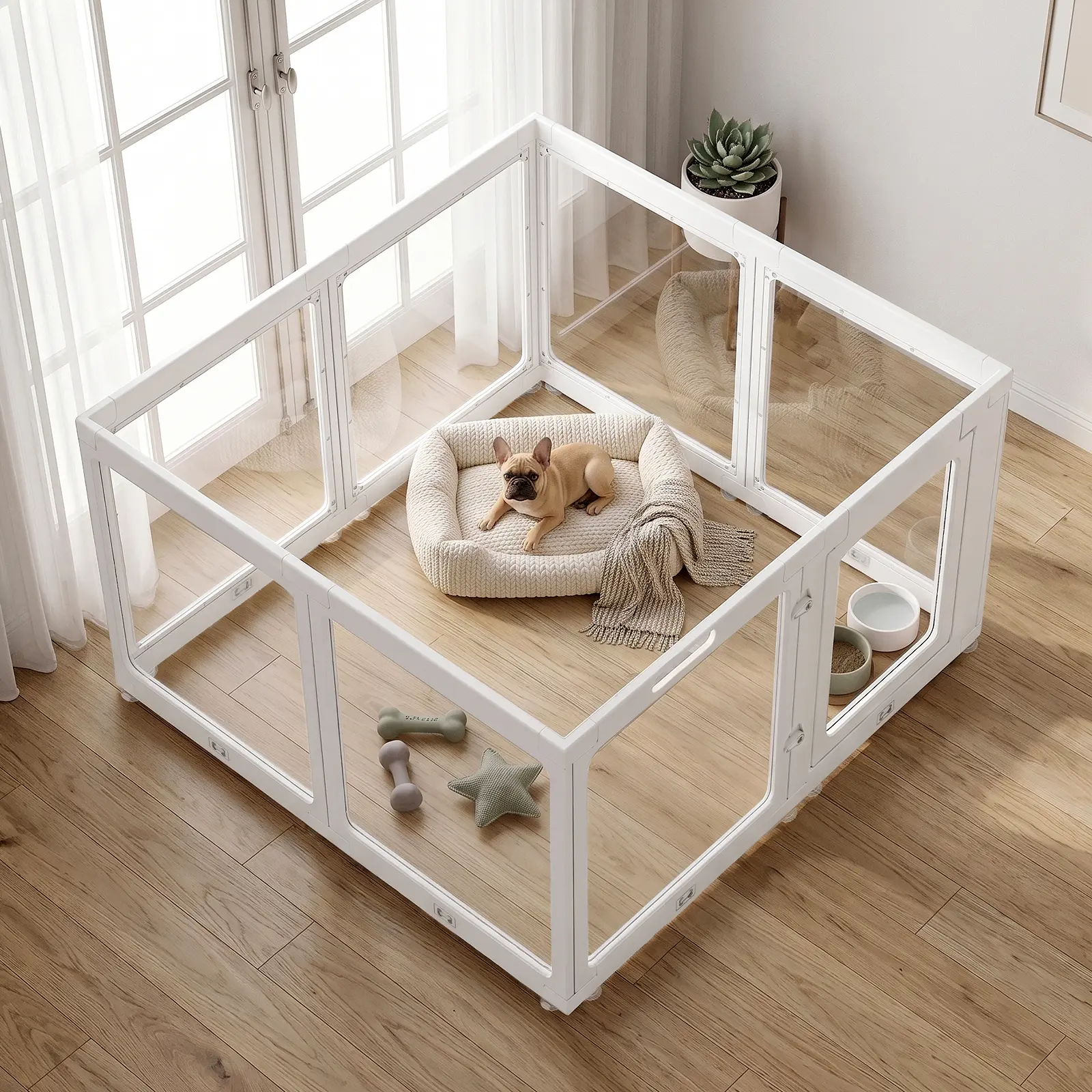 Clear Acrylic Dog Playpen Indoor with Doors, 24" H Transparent Puppy Playpen for Small Dogs, DIY Configurations Pet Pen for Cats & Rabbits, Tool-Free Assembly, Anti-Slip,8/10/12Panel